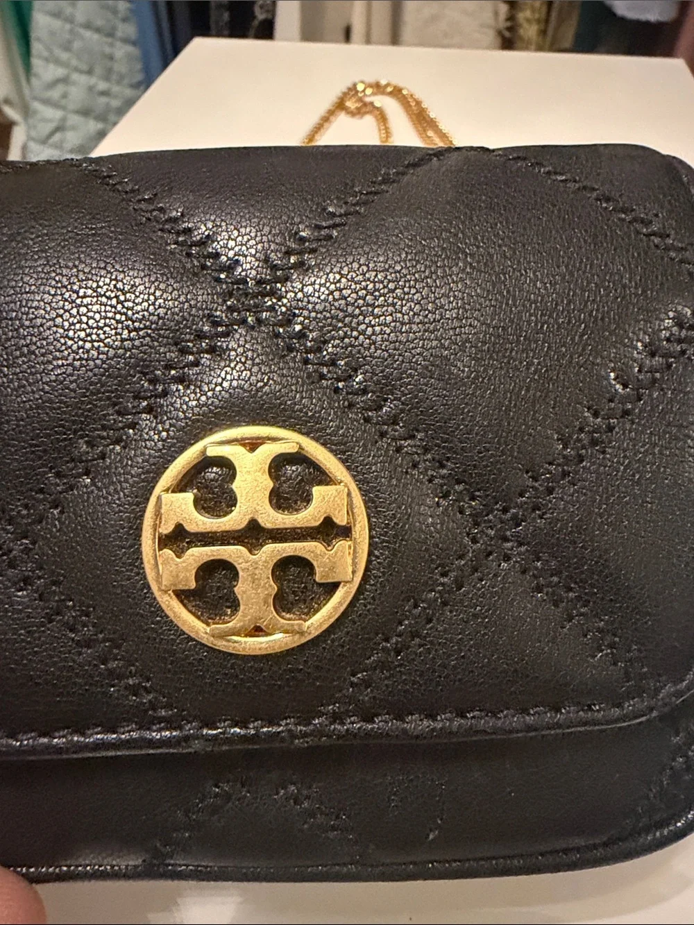 Tory Burch Willa Mini Black Quilted Leather Crossbody with Gold Chain